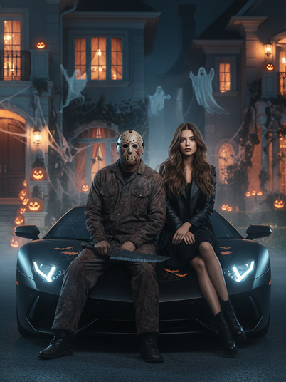 original image and a photo with Jason Voorhees sitting in the sports car