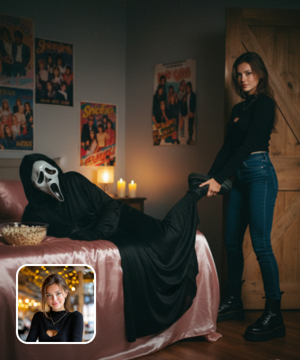 original image and Halloween effect image depicting a girl dragging a Ghostface