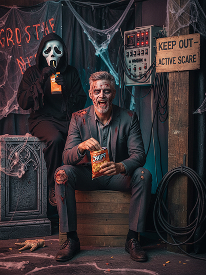 a terrifying male zombie and Ghostface lurk in the backstage area of the haunted house