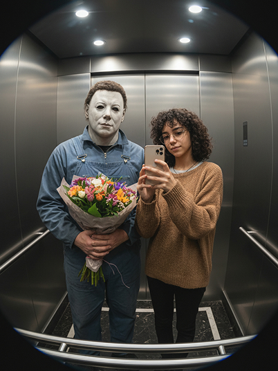 original image and effect image showing a girl taking a selfie with Michael Myers in the elevator