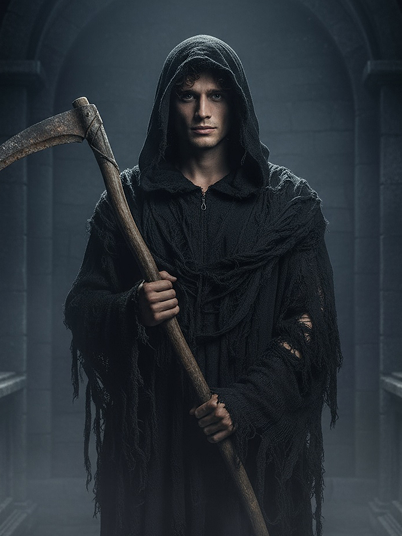 original image and grim reaper filter effect with a weathered scythe in hand