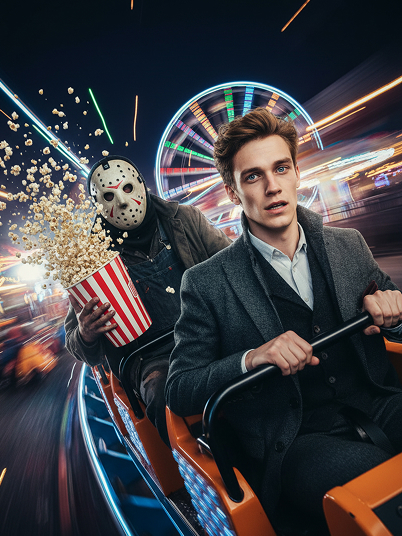 original image and a Halloween effect showing the man riding the roller coaster with Jason Voorhees