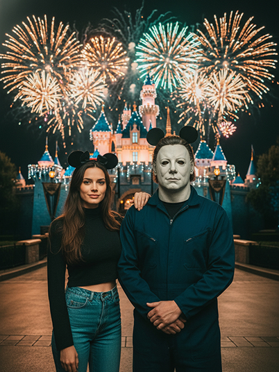 a girl with Mickey Mouse ears watching the fireworks show at Disney with Michael Myers