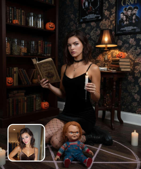 original image and an effect image showing a girl holding a candle and a book with a creepy Chucky doll beside her