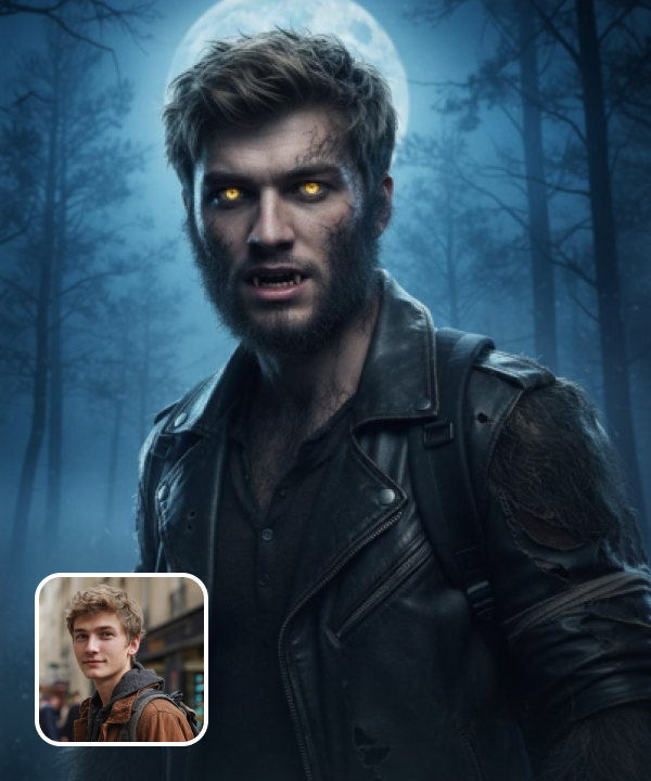 original image and werewolf filter effect with a forest and a bright moon in the background