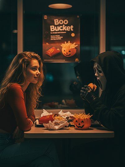 a girl eating McDonald's with Ghostface