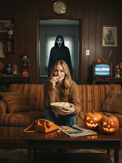 original image and effect image showing a girl eating popcorn on the couch with Ghostface standing behind her