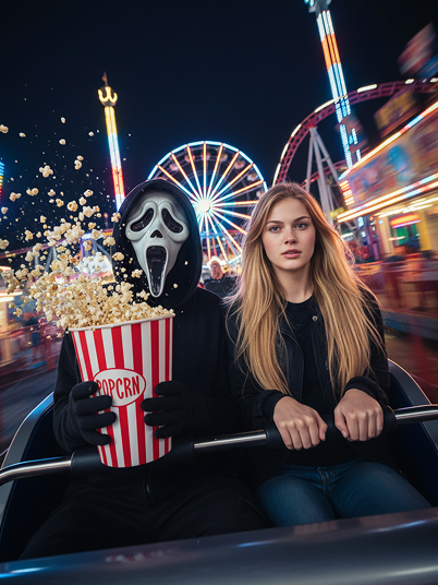 original image and a Halloween effect showing the woman riding the roller coaster with a Ghost face