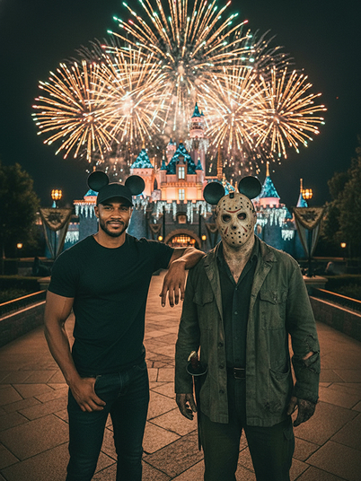 a man Mickey Mouse ears watching the fireworks show at Disney with Jason Voorhees