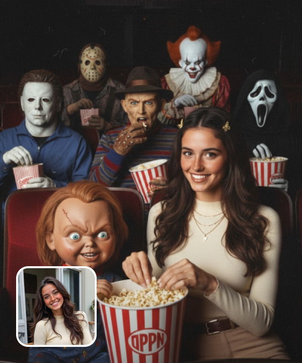 original image and a grainy 90s style effect showing a girl sharing popcorn with six horror movie characters