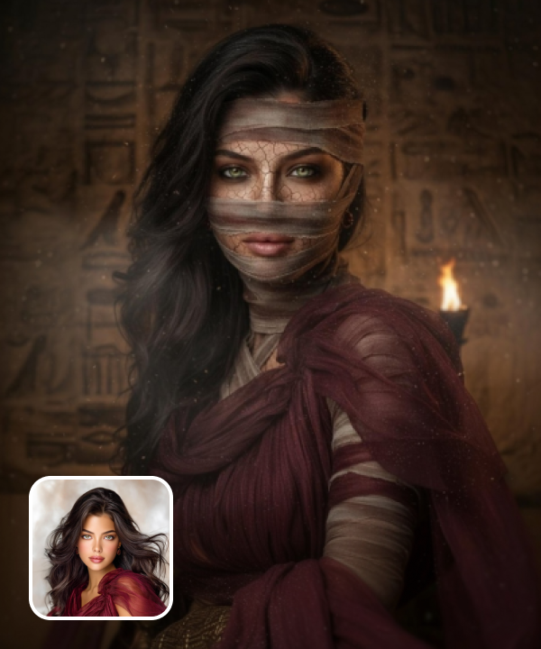 original image and a realistic mummy filter effect