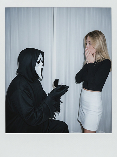 original image and effect image showing a ghost face is proposing to a young girl