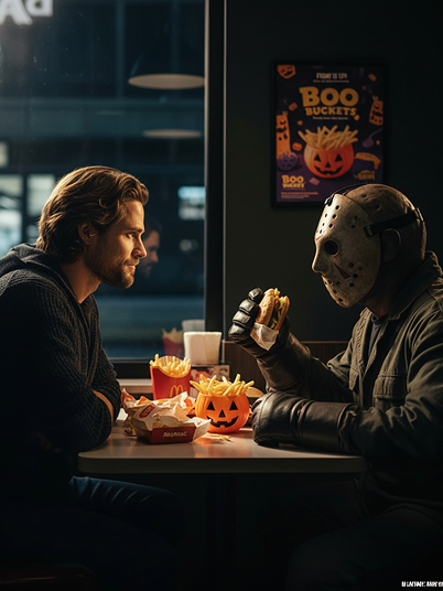 a man eating McDonald's with Jason Voorhees