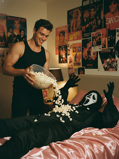 imagen original y un efecto de Halloween que muestra a un niño vertiendo palomitas de maíz sobre un Ghostface