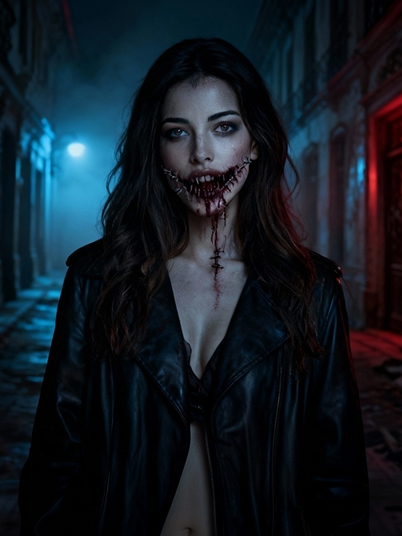 original image and horrifying slit-mouthed woman filter effect