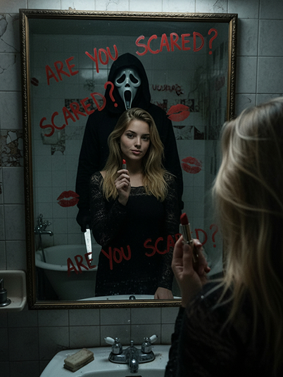 original image and effect image showing a woman holding lipstick standing before the mirror alongside Ghostface