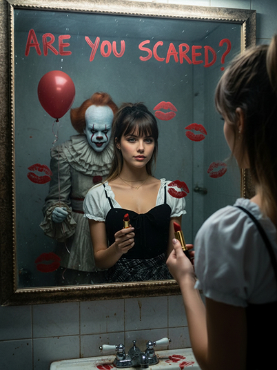 original image and effect image showing a woman holding lipstick standing before the mirror alongside a horror clown