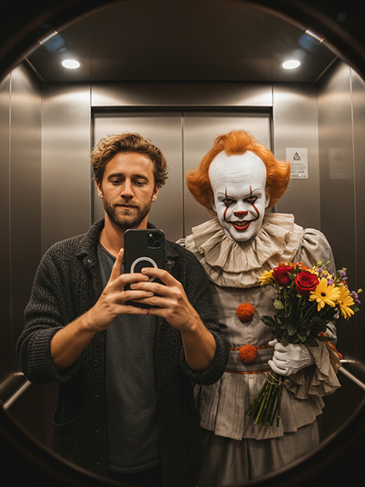 original image and effect image showing a man taking a selfie with a spooky clown in the elevator