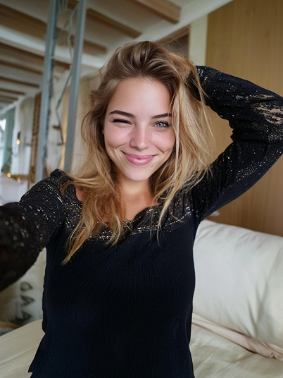 original image and effect image showing a woman holding lipstick standing before the mirror alongside Ghostface 1