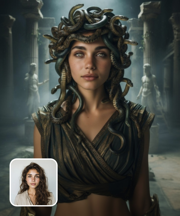 original image and Medusa filter effect with a templa e in the background