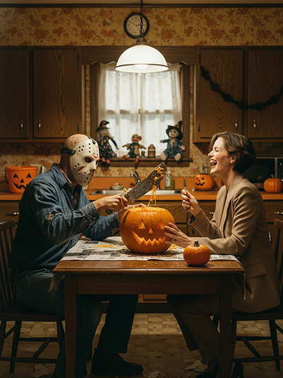 a woman making jack-o'-lanterns in the kitchen with Jason Voorhees