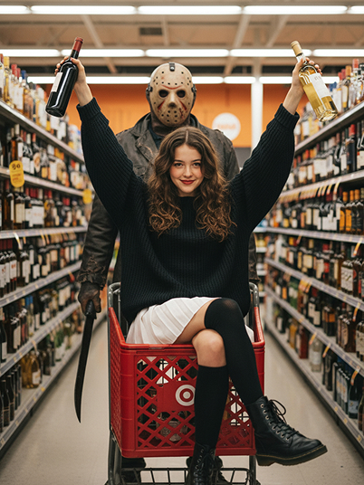 a girl holding a bottle of red wines, sitting in a shopping cart, and strolling through the supermarket with Voorhees