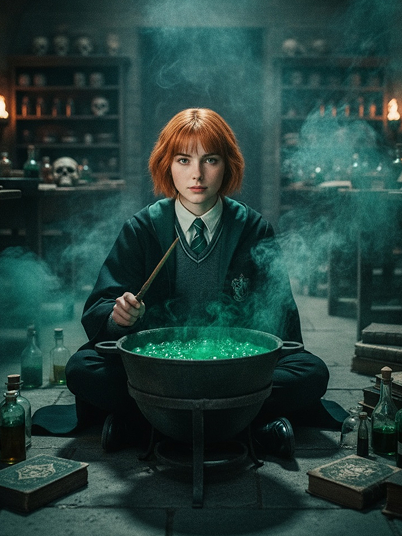 original image and dark Hogwarts filter effect with a Potions classroom bakcground