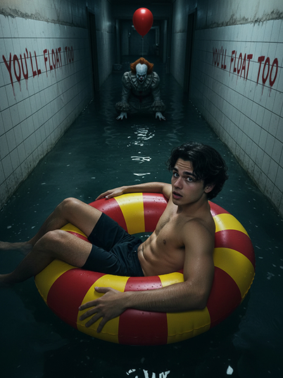 a man relaxing calmly on a huge inflatable swimming ring with red and yellow stripes with a spooky clown behind her