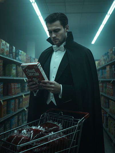 original image and effect image showing a man styled as Dracula shopping at the supermarket and his cart filled with blood plasma