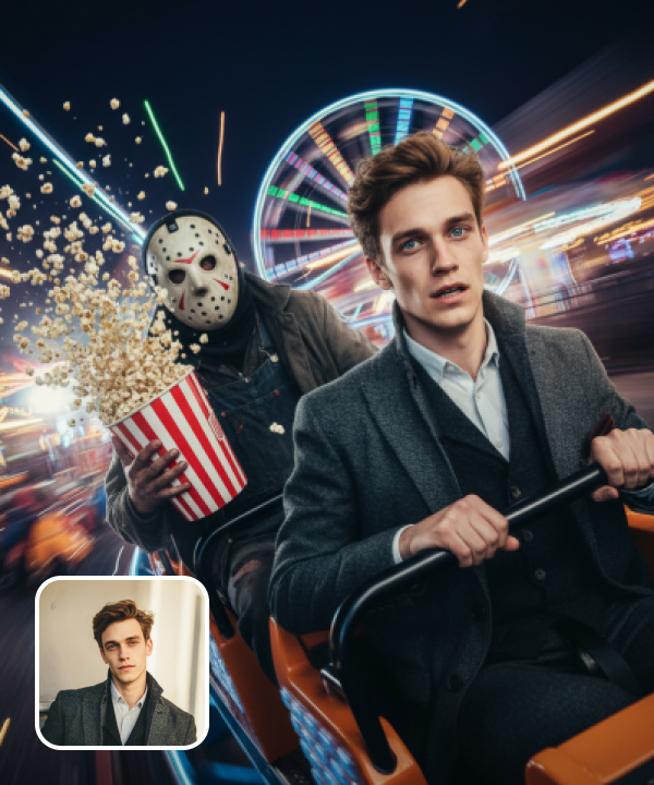 original image and a Halloween effect showing the man riding the roller coaster with Jason Voorhees
