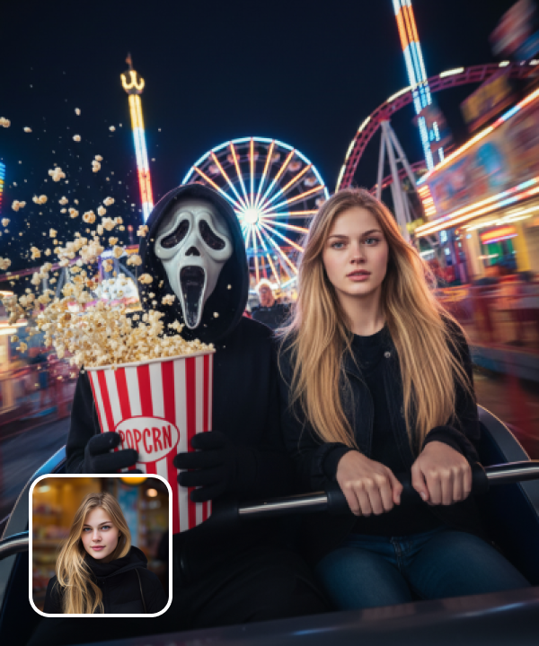 original image and a Halloween effect showing the woman riding the roller coaster with a Ghost face