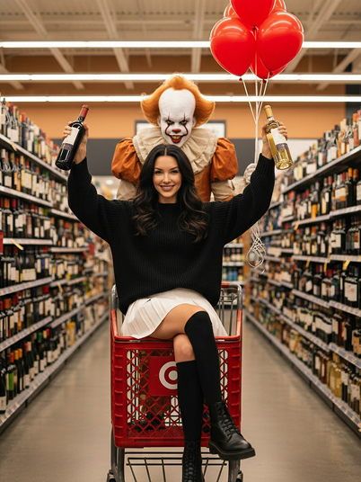 a girl holding a bottle of red wines, sitting in a shopping cart, and strolling through the supermarket with clown holding balloons