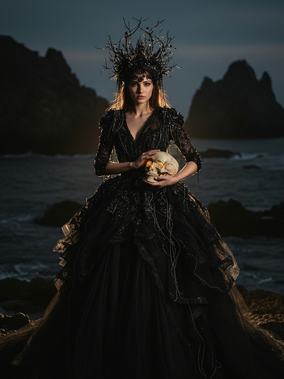 original image and effect image showing a hell queen holding a spooky skull