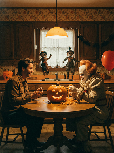 a man making jack-o'-lanterns in the kitchen with a clown