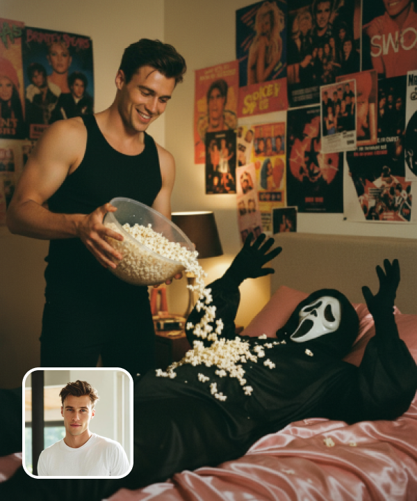 original image and a Halloween effect showing a boy pouring popcorn over a Ghostface