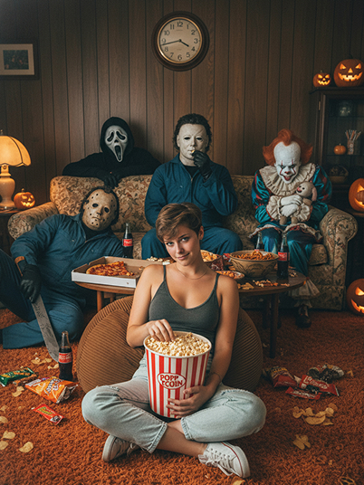 a girl eating popcorn is watching tv with a clown, Michael Myers, Ghostface and Jason Voorhees