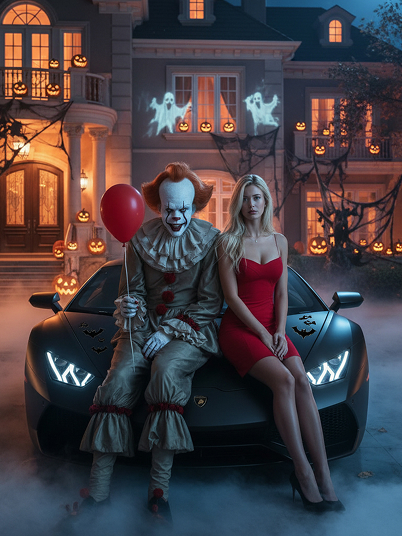 original image and a photo with the clown sitting in the sports car
