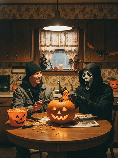 a man making jack-o'-lanterns in the kitchen with Ghostface