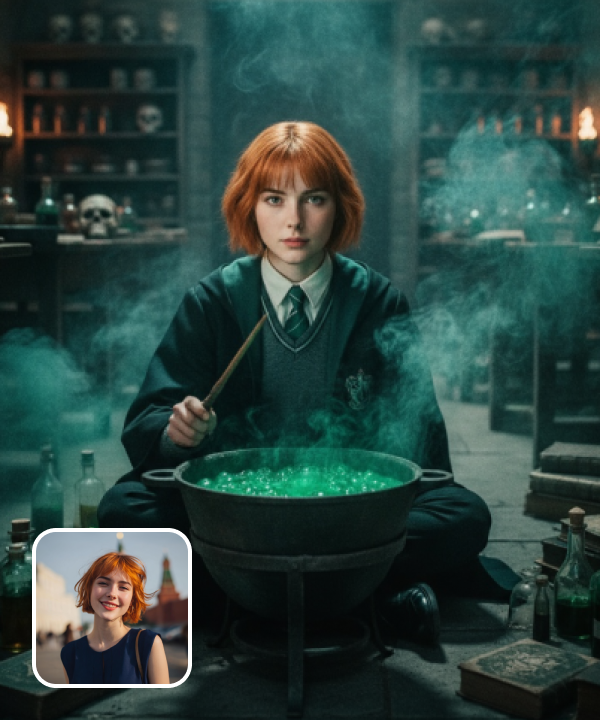 original image and dark Hogwarts filter effect with a Potions classroom bakcground