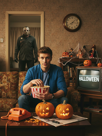 original image and effect image showing a man eating popcorn on the couch with Jason Voorhees standing behind him