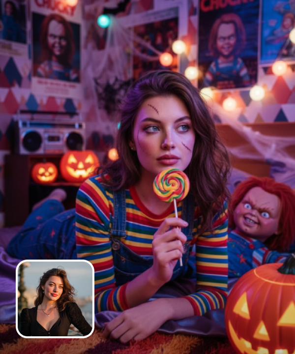 original image and effect image showing a girl holding a lollipo with a bizarre Chucky doll beside her