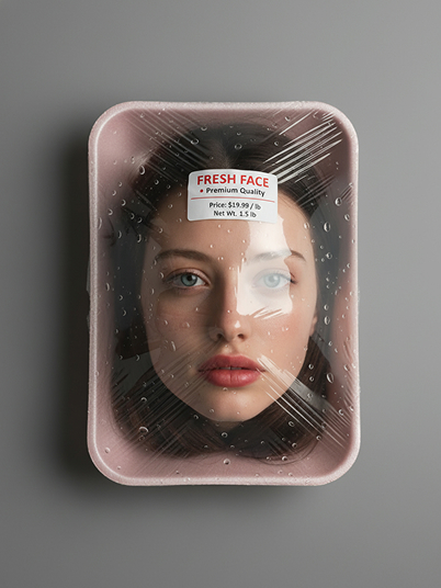 Imagen original e imagen de efecto de la cabeza de una mujer acostada naturalmente dentro de una bandeja de supermercado de espuma rosa