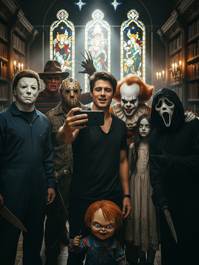 original image and effect image showing a man is taking selfies with seven classic horror characters