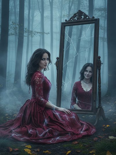 original image and effect image showing a woman sitting before a spooky mirror