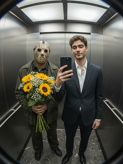 original image and effect image showing a man taking a selfie with Jason Voorhees in the elevator