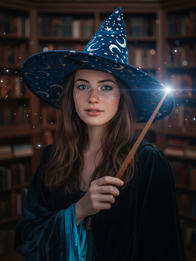 original image and novice starry-night wizard/witch filter effect with a magic wand in hand