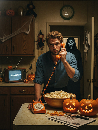 original image and effect image showing a man is on the phone, with Ghostface standing behind him