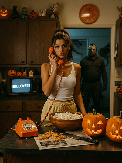original image and effect image showing a woman is on the phone, with Jason Voorhees standing behind her