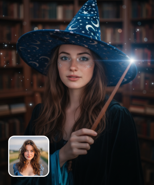 original image and novice starry-night wizard/witch filter effect with a magic wand in hand