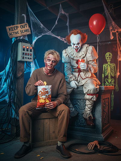 a terrifying male zombie and clown lurk in the backstage area of the haunted house